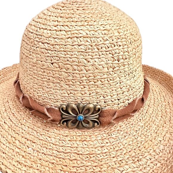 Scala Collezione Straw Sun Hat Brown Suede Band Boho Western Style One Size - Picture 2 of 8